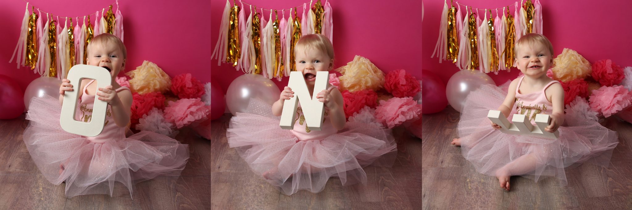 Little girl holding ONE prop 3 images stitched together pink backdrop with pink props and tutu at cakesmash photoshoot east grinstead